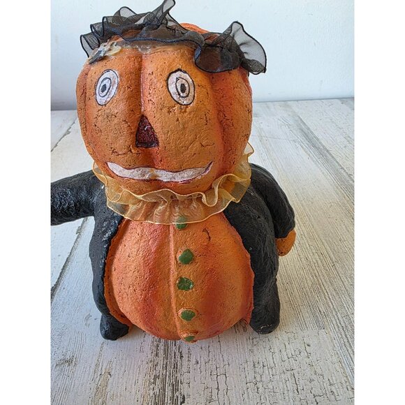 Shabby chic vintage pumpkin paper mache jack-o'-lantern figurine Halloween statu - Picture 7 of 8